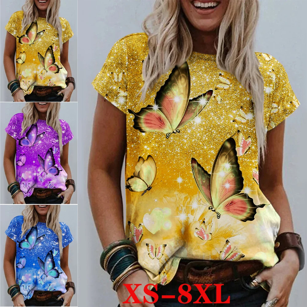 

Женская футболка с рисунком бабочки и графическим принтом, женские летние топы с круглым вырезом и коротким рукавом, повседневные футболки,...