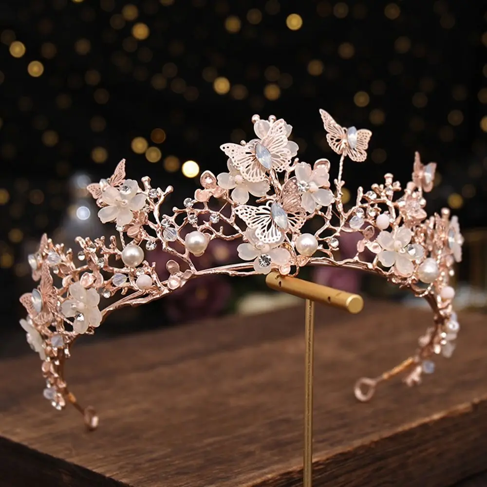 

Hot Wedding New Design Handmade Princess Crowns Bride Tiaras Pearl Rhinestone Crown Tiara Butterfly Hairband