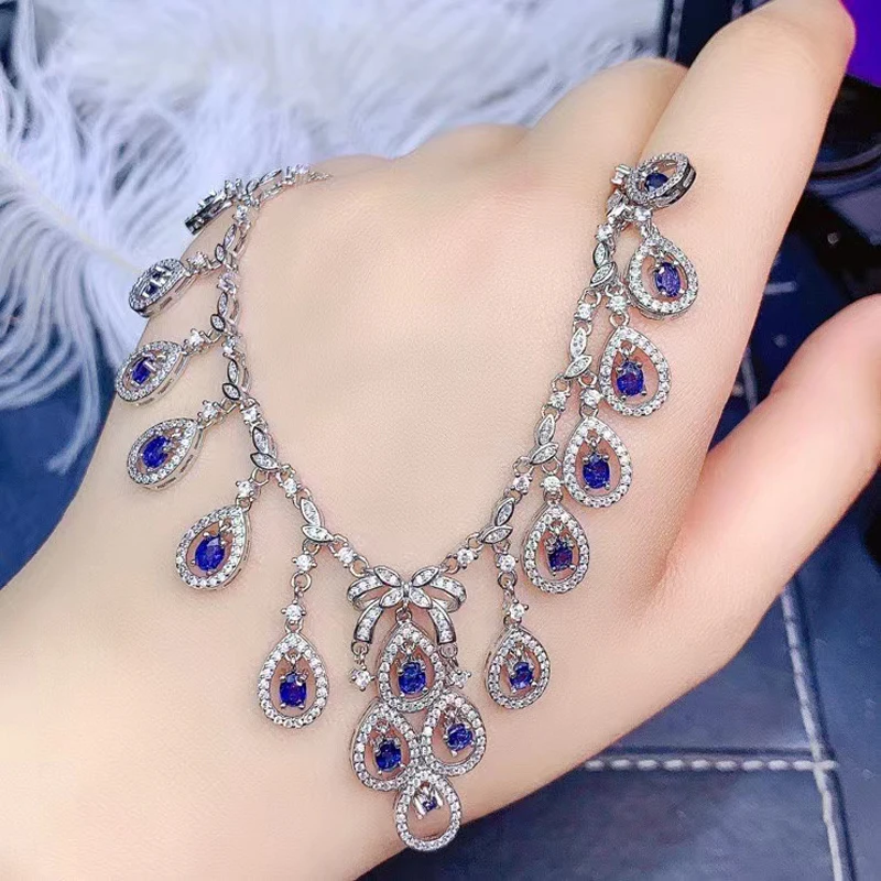 

MeiBaPJ Real Natural Sri Lanka Sapphire Gemstone Luxurious Necklace with Certificate 925 Pure Silver Fine Jewelry for Women