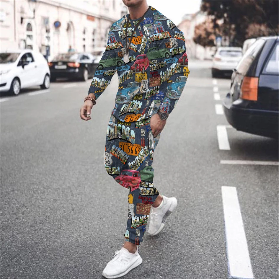 Spring Autumn Tracksuit Casual Art Print T-Shirt Trousers Set Fashion Suit Male Outfit Clothing ColorfulActivewear Selection