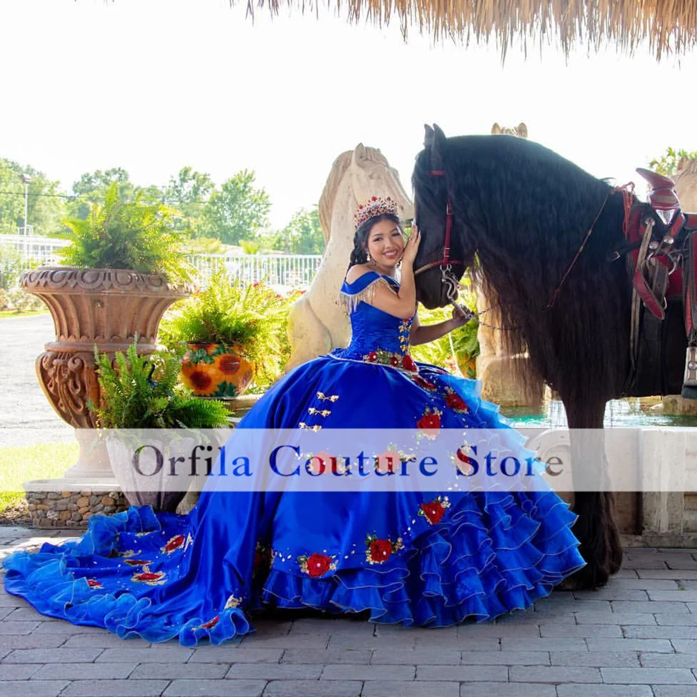 Фото Платья Charro 15 лет синие вышитые платья Quinceanera с открытыми плечами милые 16 мексиканских девушек XV платья для выпускного вечера №2