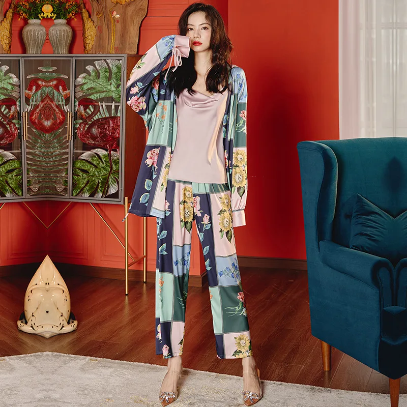 Print Girls Sleepwear Women's Pajamas 3 Pcs Sets with Pants Sling Solid Satin Woman Turn-Down Collar