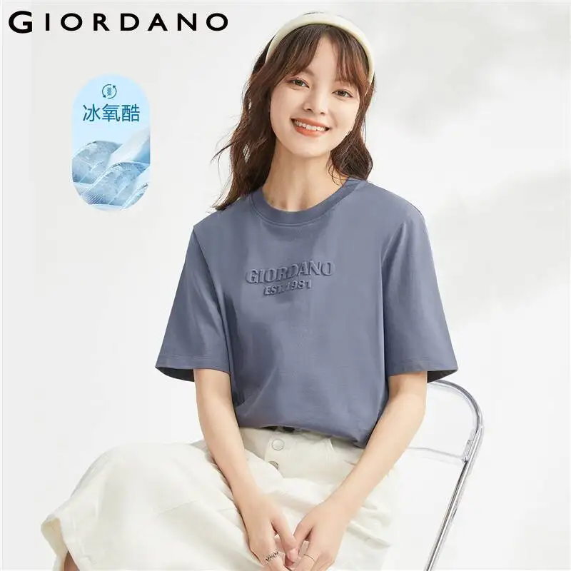 

GIORDANO Women T-Shirts High-Tech Cooling Letter Embossed Summer Tee Short Sleeve Crewneck Comfy Fashion Casual Tshirts 05323399