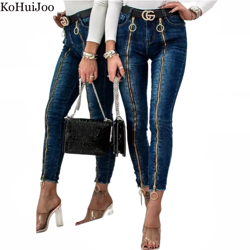 Kohuijoo High Strecth Skinny Pencli Jeans Women Summer 2023 Dark Blue Mid Waist Slim Fashion Zipper Vintage Washing Jeans Pants