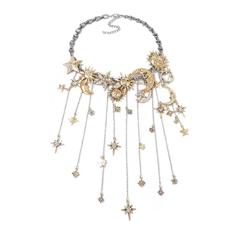Zvoijio Ретро преувеличенное ожерелье из сплава Солнце Луна Звезда с несколькими подвесками и кисточками