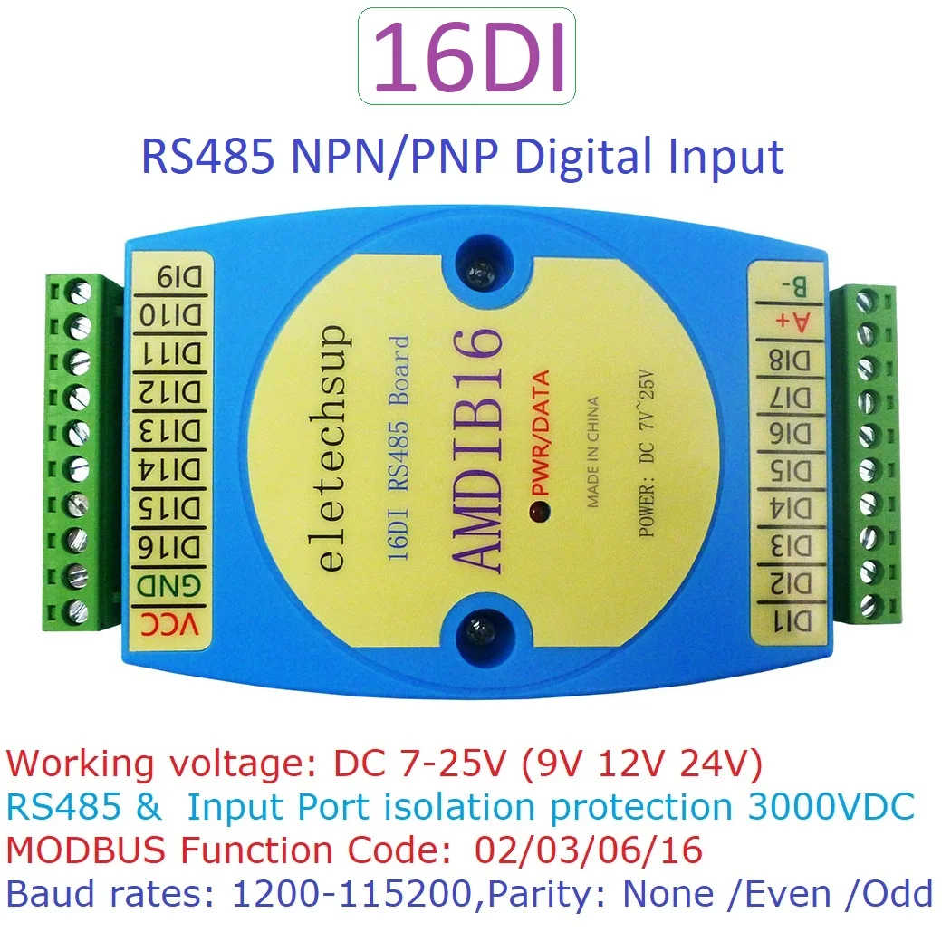 

DC 12V 24V 16DI NPN PNP Digital Input Module RS485 Isolated communication MODBUS RTU PLC Expansion Board