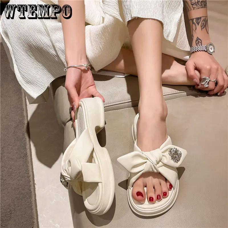 WTEMPO Summer Sandals Ladies Temperament Bow Knot Thick Bottom Slippers Casual Beach Home Wear One Word Drag Dropshipping
