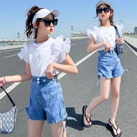 girls outfit 2022 summer korean fashion top and jeans 2 piece set kids clothes hot sale little girls clothes
