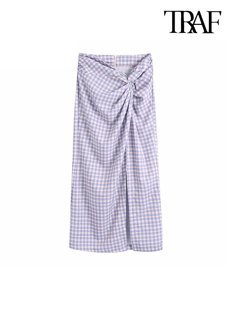 

TRAF Women Fashion With Knotted Check Slit Midi Skirt Vintage High Waist Back Zipper Female Skirts Mujer