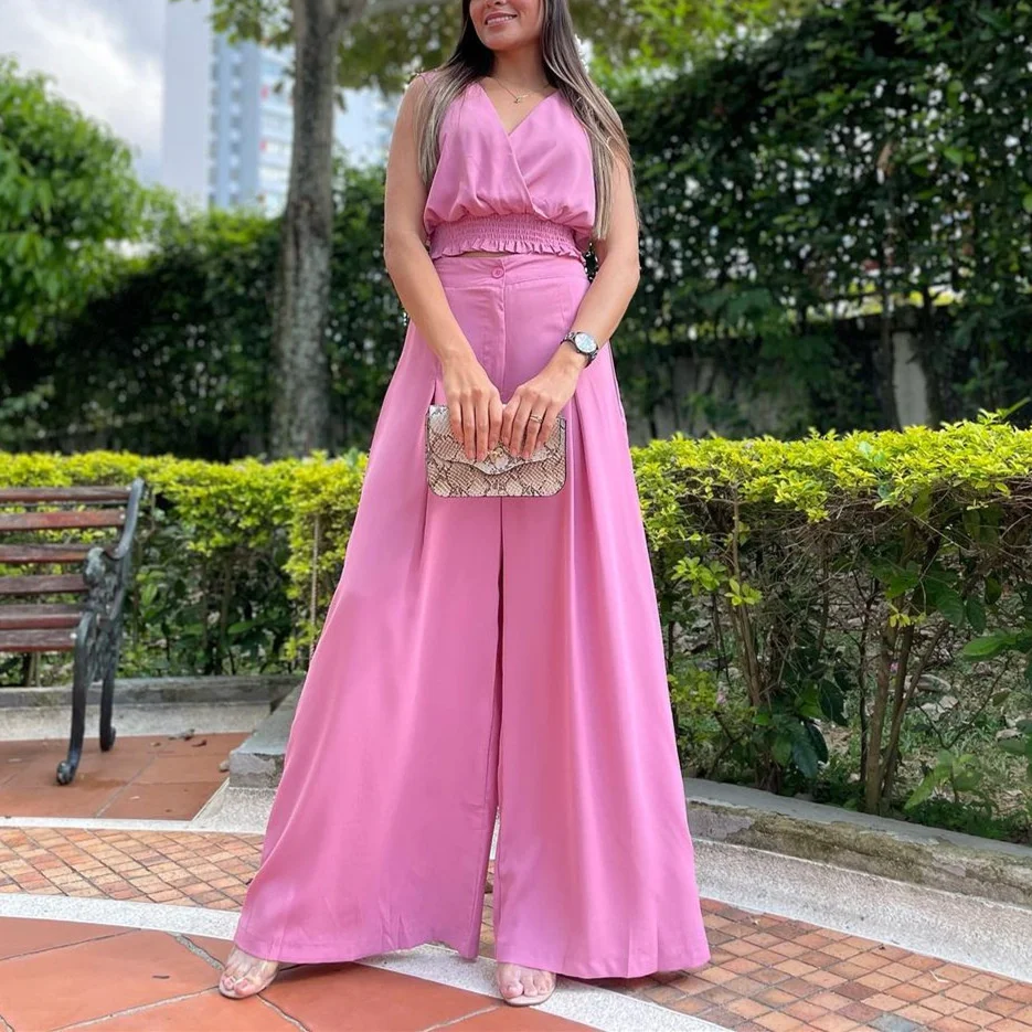 

2023Casual slim suit, New Women's Fashion Sexy V-Neck Short Sleeveless Shirt High Waist Wide Leg Trouser Set