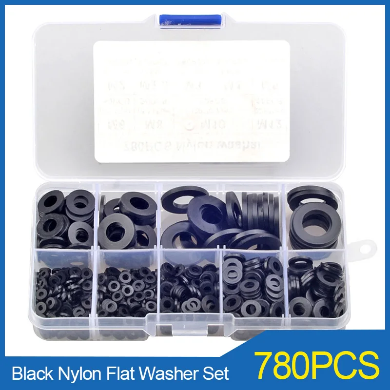 

780PCS Black Nylon Flat Washer Set M2 M2.5 M3 M6 M8 M10 M12 Plastic Flat Washer Plane Spacer Insulation Seals Gasket Ring Kit