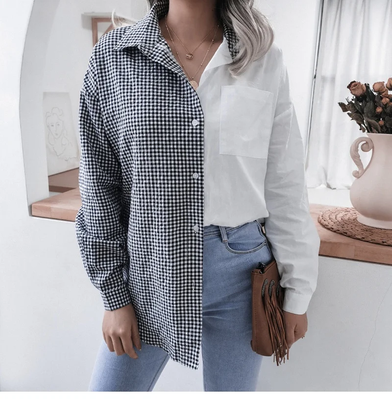 

Женская весенне-летняя повседневная клетчатая рубашка в стиле пэчворк Женская модная однобортная рубашка Топ