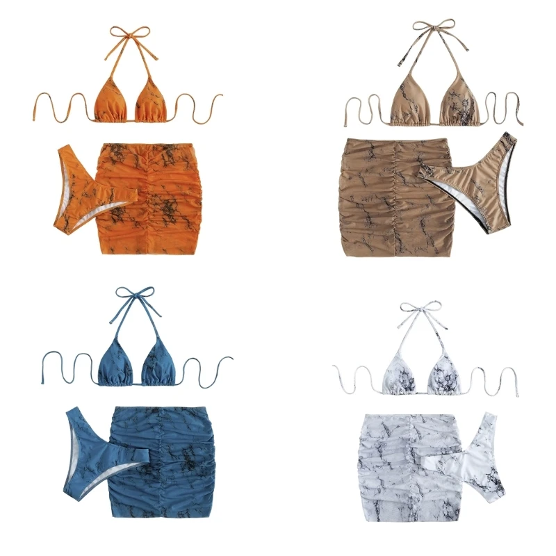 

2023 New 3Pieces Women Swimsuit with Cover Up Skirt Halter String Triangle-Bikini Sets Marble Printing Swimwear-Bikini Pool