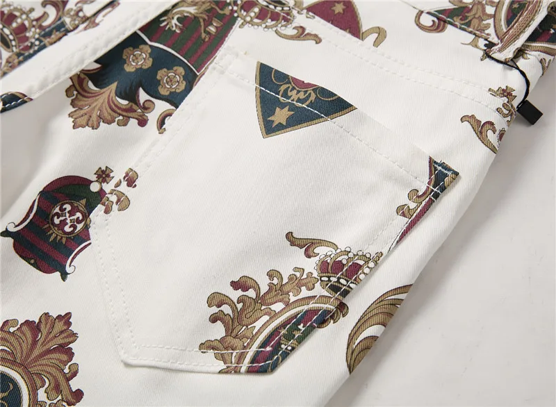 Men's Badge 3D Printed White Jeans Fashion Colored Drawing Slim Fit Stretch Pants Long Trousers for Men