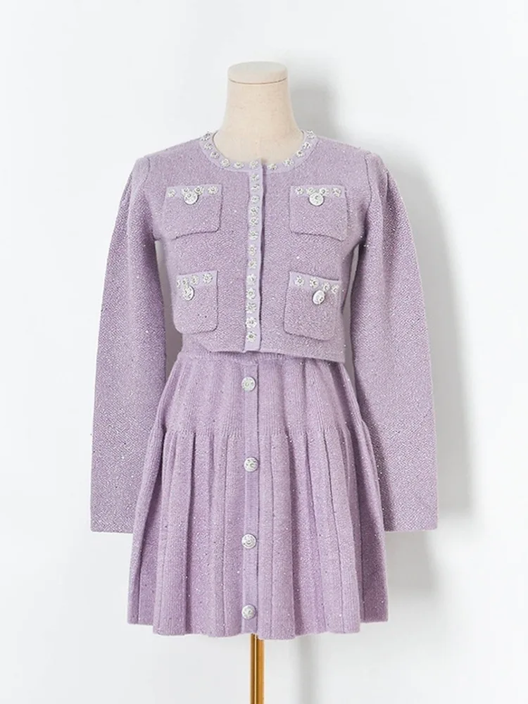 Женский трикотажный костюм элегантный фиолетовый из двух предметов короткая