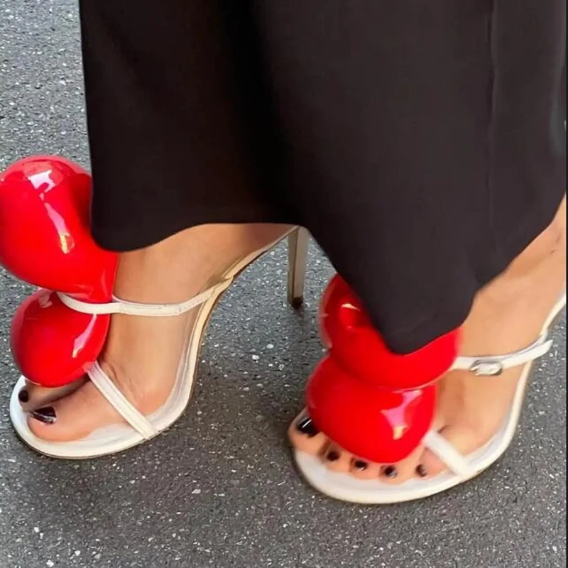 

Red Balloon Sandals White Black Leather Buckle Strap Thin Heels Runway Party Shoes Cutouts Lady Outfit Luxury Chic Sandals