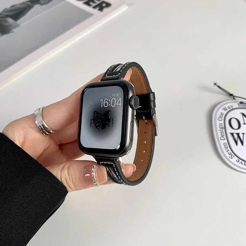 

Кожаный ремешок для Apple Watch Band 45 мм 41 мм 40 мм 38 мм 44 мм 42 мм, Холщовый женский браслет с принтом для iWatch Series 6 5 Se 7 4 3 2
