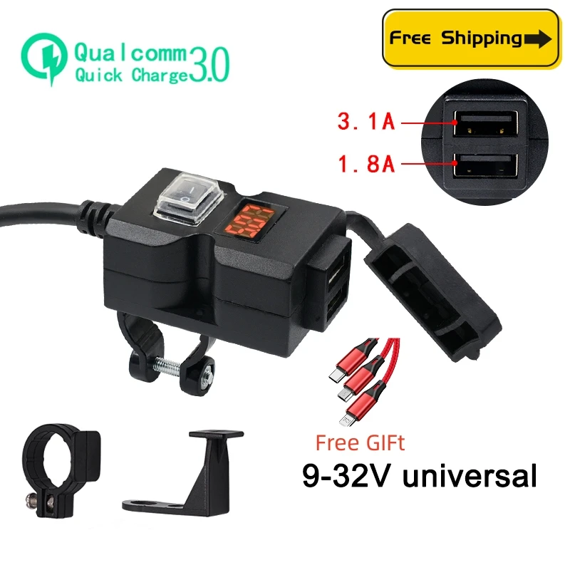 

Upgraded Version Motorbike Motorcycle Charger Dual USB Port 12V Waterproof Moto USB Charging Mirror Mount Charger Quick 3.0