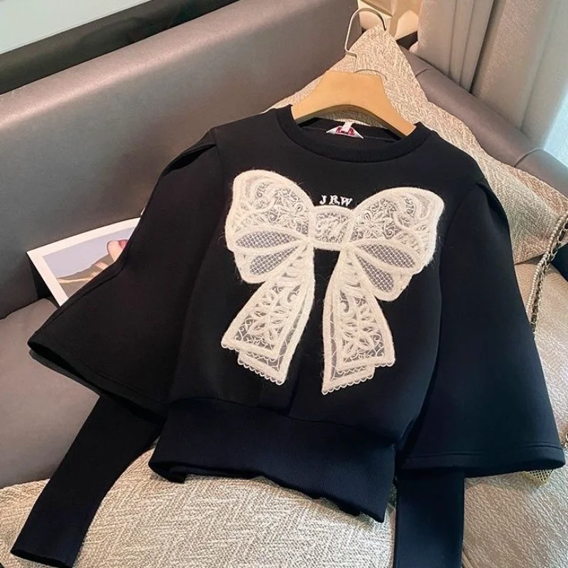 

Hikigawa Chic Fashion Women Casual O Neck Embroidery Bow Knitted Patchwork Pullover Hoodies Streetwear Fake Two Pieces Top Mujer