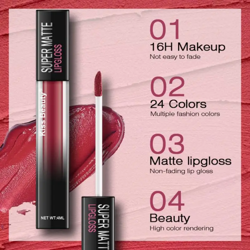 

1~5PCS KISS BEAUTY Lip Glaze Waterproof Matte Velvet Lip Gloss Liquid Lipstick Sexy Red Lip Tint 24 Colors Women Lips Makeup