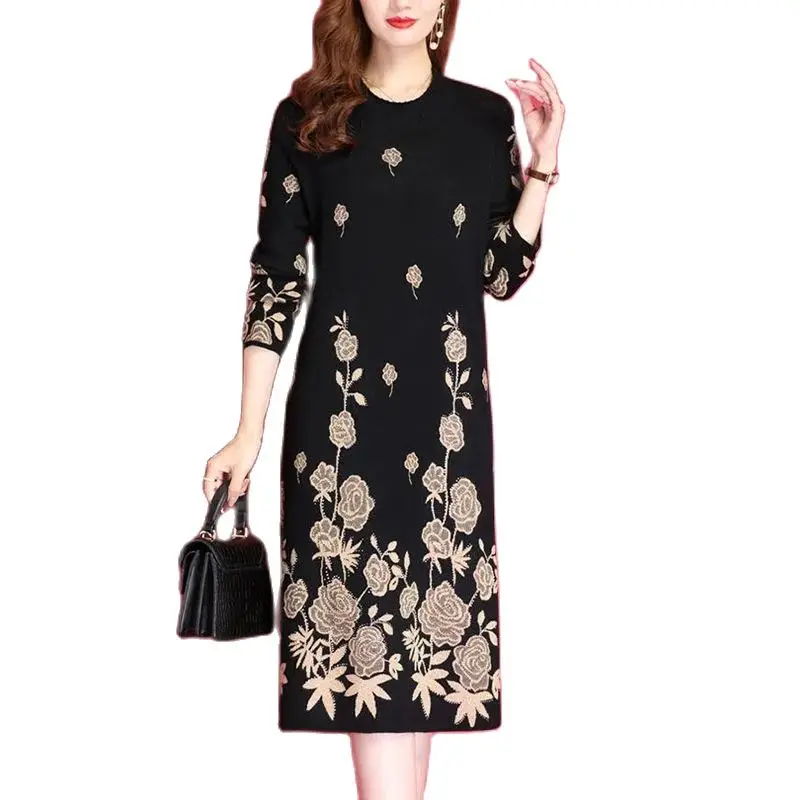 

2022 Autumn Winter Women New Mid-length The-knee Sweater Knitting Skirt Fat Mother Slimming Dress Bottoming Shirt PulloverA770