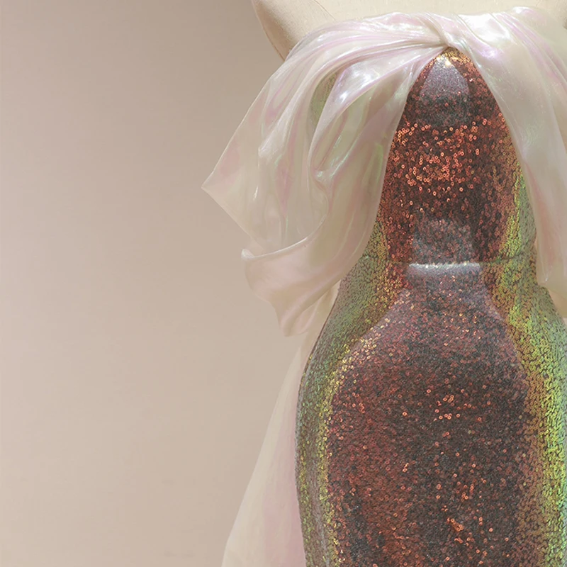 High Quality Luxury Chiffon Bow Sleeve Evening Prom Dress Sparkling Bling Sequin Zipper Wedding Mermaid Party Formal Dresses