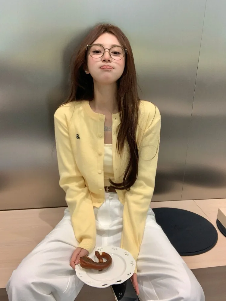 Embroidered Yellow Short Knit cardigan Outerwear Women Early Autumn Versatile Small Round neck sweater Top 2024 New