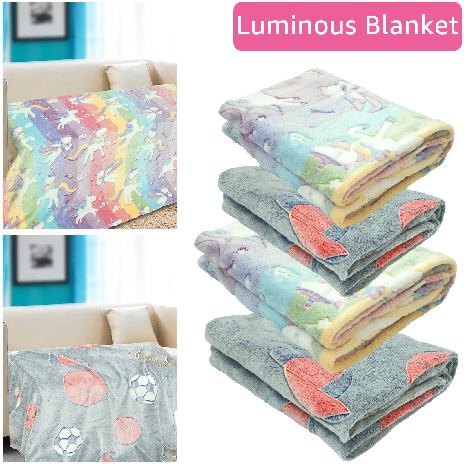 

Glow in The Dark Throw Blanket Luminous Couch Blanket Ultra-Soft Flannel Blanket Cute Unicorn/Sports Ball Cartoon Luminous