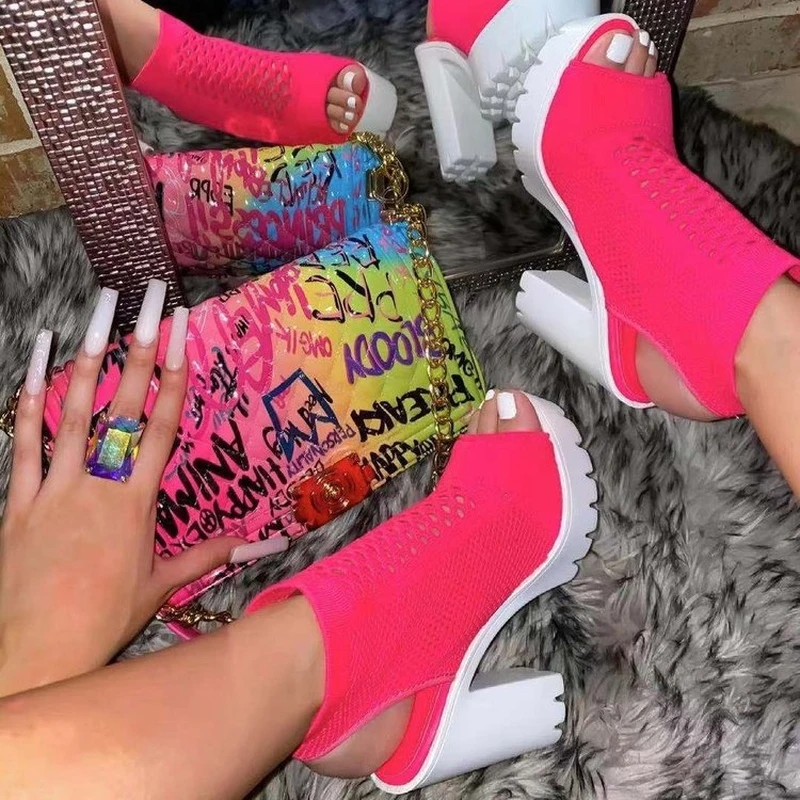 

Летние модные женские босоножки больших размеров на платформе 2022, вязаные сетчатые Босоножки с открытым носком, босоножки на высоком масси...