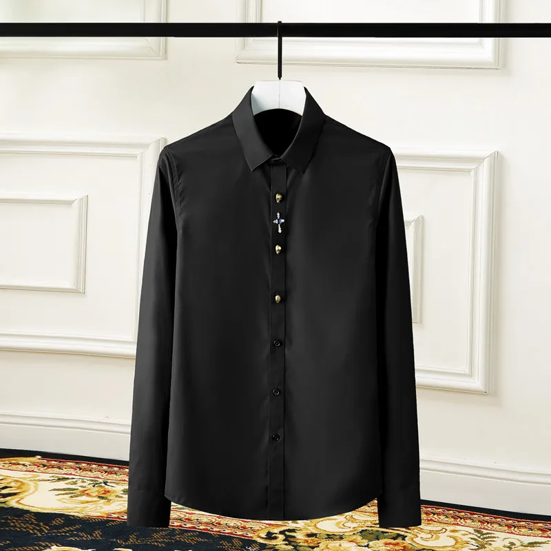

High Quality Luxury Shirt Men 2022 Spring Summer New Cross Copper Skull Decoration Mens Shirts Slim Mens Fashion Casual Shirts