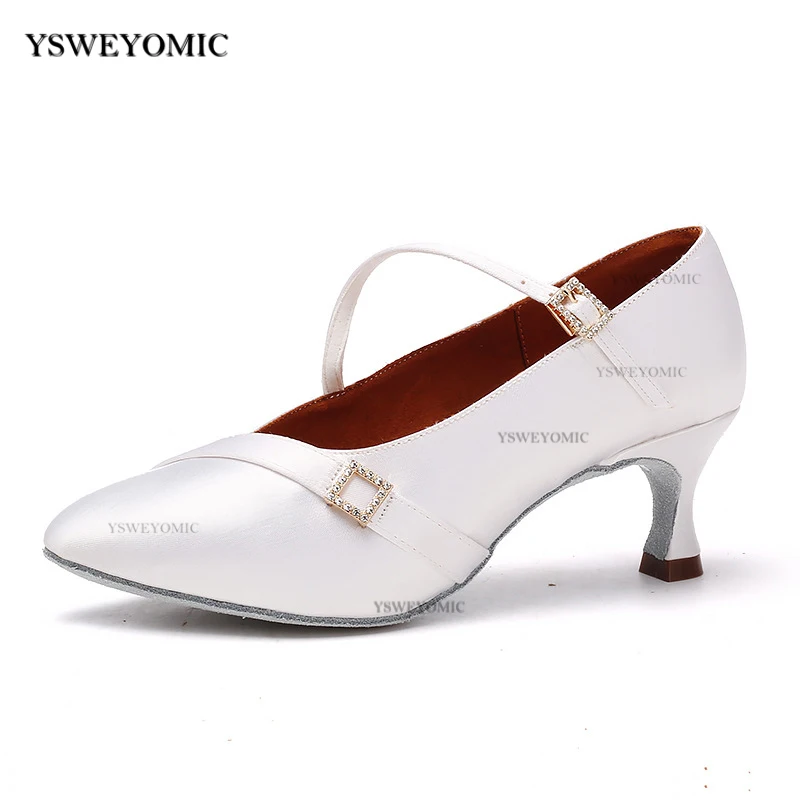 White Khaki High quality made Satin Ballroom Dance Shoes 5cm to 6cm Heel Closed Toe Standard Elegance Latin Ballroom Dance Shoes