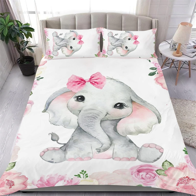 

Lovely Elephant Flowers Aniaml Kids Quilt Durex Twin Full King Size 3Pcs Duvet Cover Bedding Linen Set Bedspread 200x200 240x220