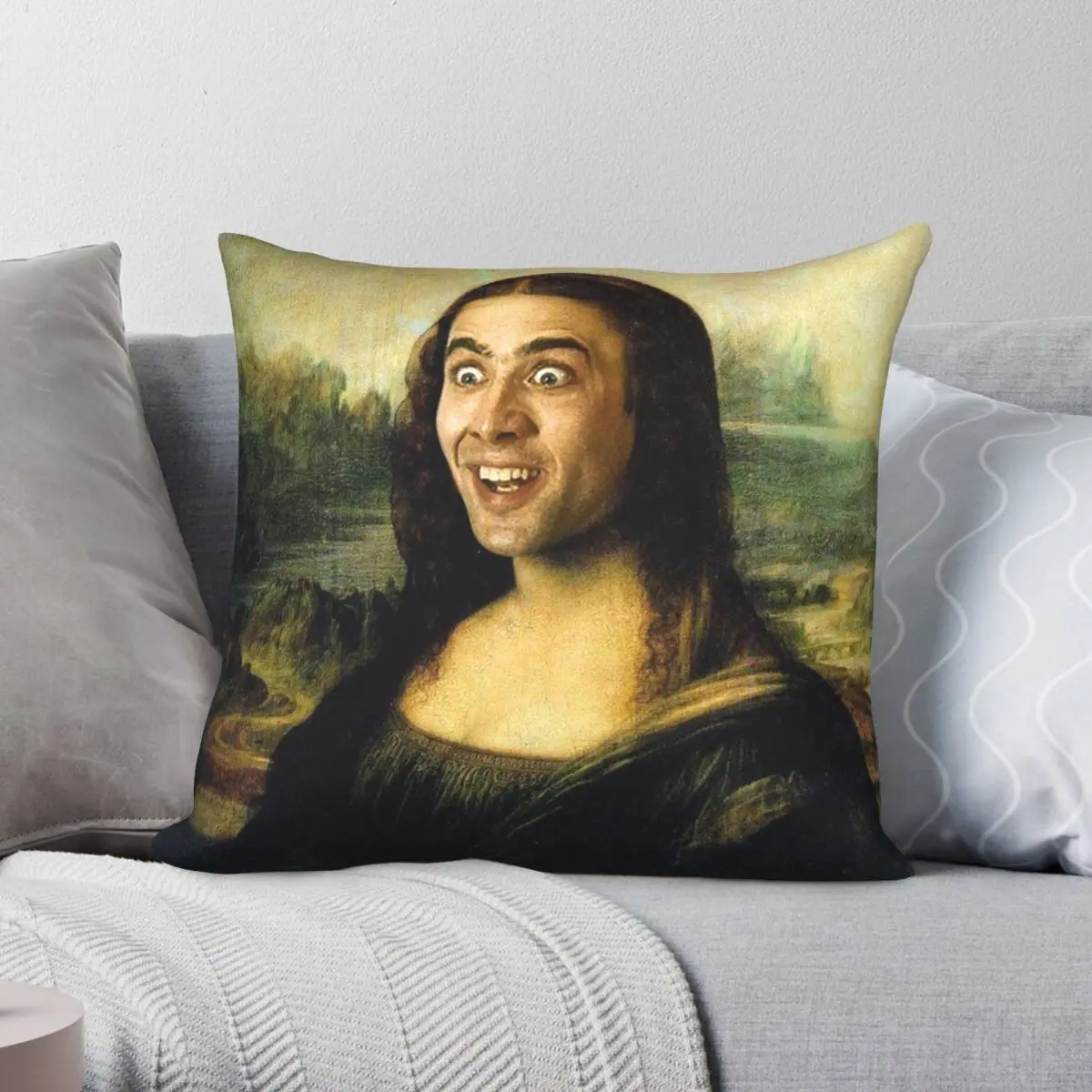 

Nicolas Cage As The Mona Lisa Pillowcase Polyester Linen Velvet Printed Zip Decor Room Cushion Case