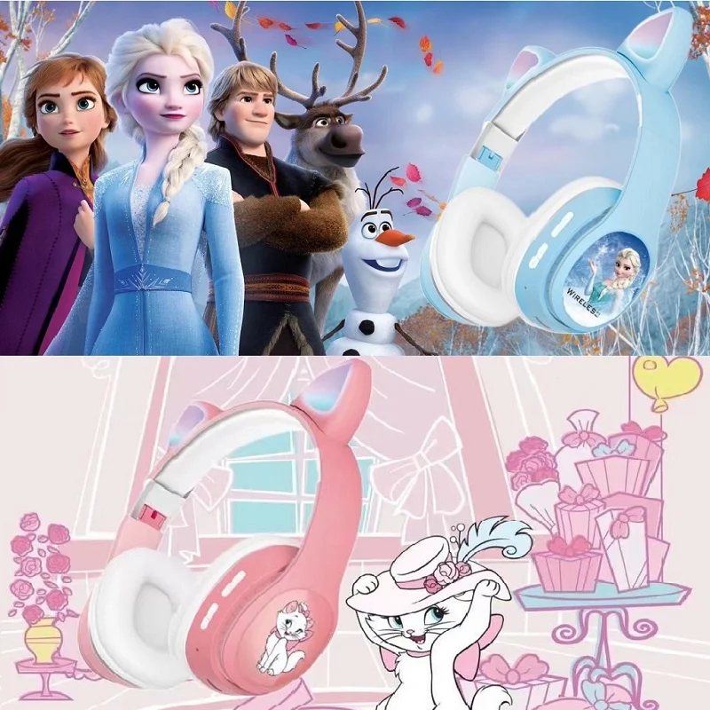 Disney Mickey Mouse Frozen Elsa Pink Cute Cat Ear Kids Headphones LED Hi-Fi Stereo Bass Music Headphones