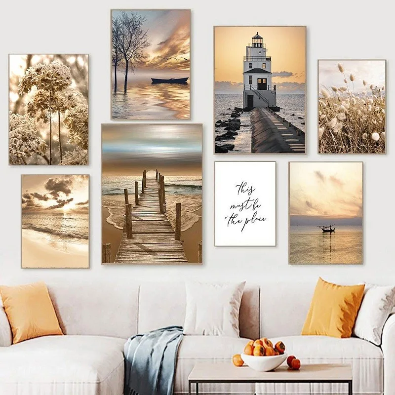 

Nordic PosterArt Canvas Painting Seascape Reed Grass Tree Bridge Boat Home Living Room Sofa Background Wall Picture Decoration