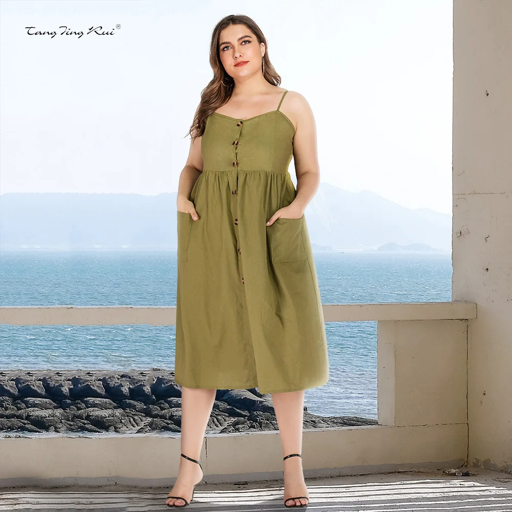 

Plus Size Women Clothing 2022 Spring Summer Chic And Elegant Dress New Casual Solid Color Suspender Single Breasted Midi Skirt