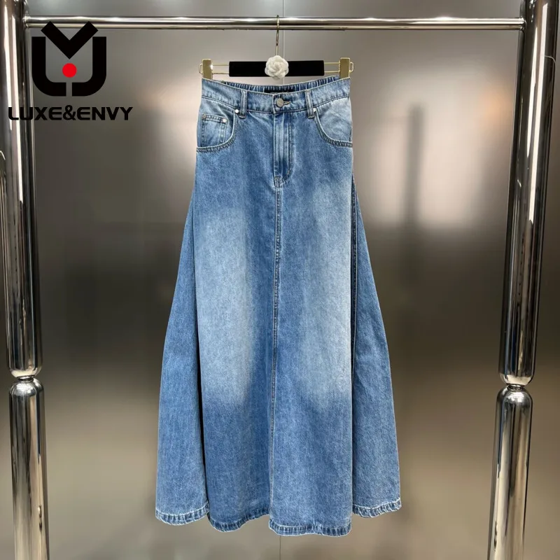 

LUXE&ENVY Patchwork Denim Skirts Autumn New High Waist Contrasting Colors Loose Women 2023 Autumn Trend