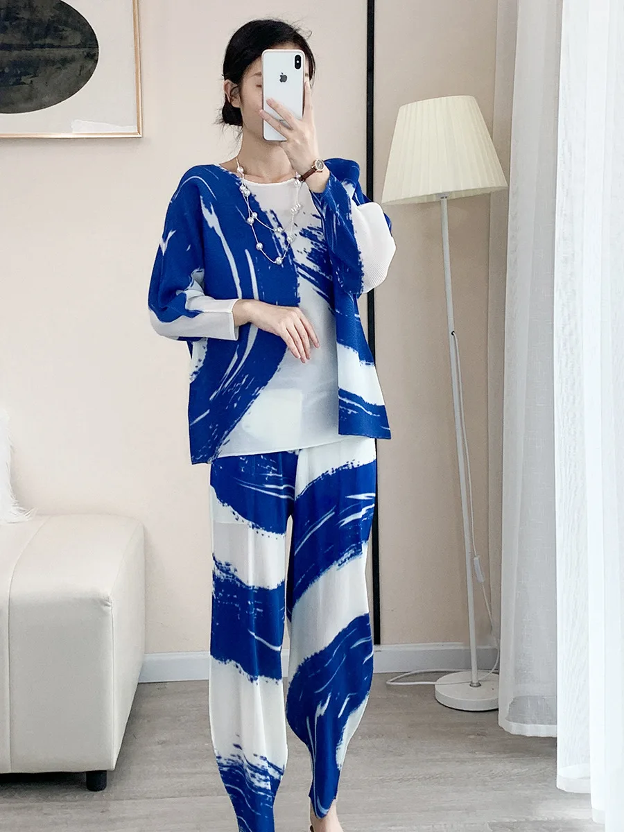 

Pleated autumn print casual suit women loose fashion slim long two-piece set