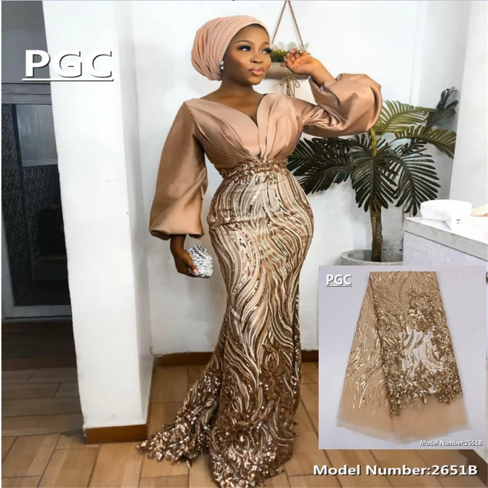 

PGC Luxury African Lace Fabric 2022 French Mesh Lace Fabric Sequins High Quality Nigerian Lace Fabrics For Party Sewing 2651B