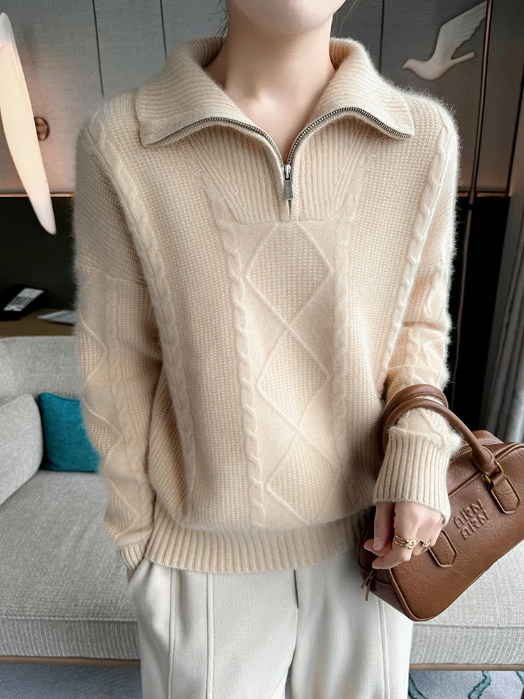 Утепленный кашемировый свитер Baby Hill в стиле ретро женский вязаный с полумолнией