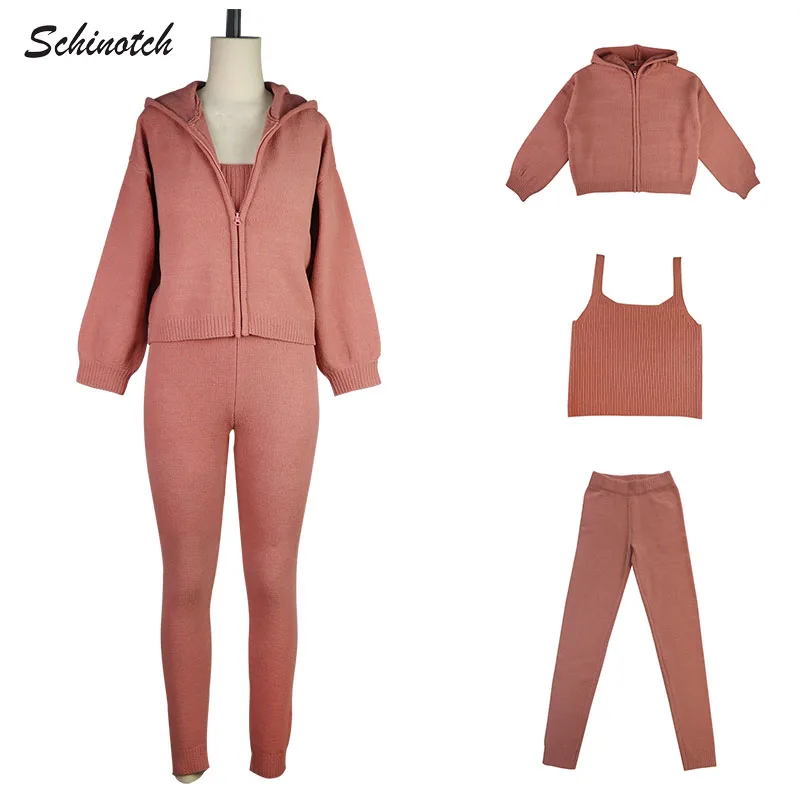 

Schinotch 3PCS/Set Women's Knitted Tracksuit Hooded Sweater Camisole and Pants 2022SS Jumpsuit Ladies Pullover Loungewear