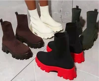 new autumn and winter red chunky sole platform sock boots stretch fabric shoes women mid calf thick heel chelsea biker booties