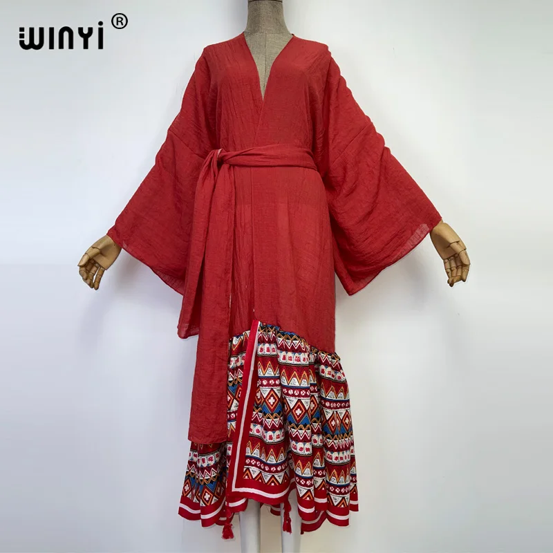 

WINYI Women Christmas Cardigan stitch Cocktail Boho Maxi African party kimono red Monochrome mosaic Seasons long dress with belt