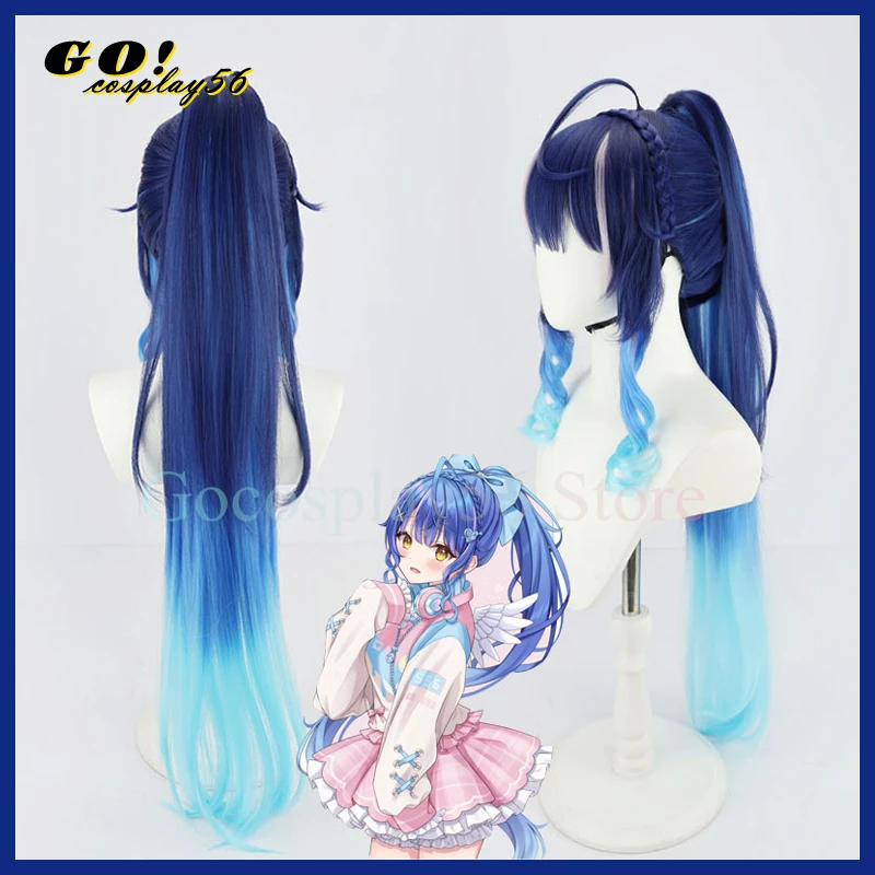 

VTuber Amamiya Kokoro Cosplay Wig Gradient Blue 100cm Long Straight Ponytail Braided Hair Youtuber Girls Hololive Headwear