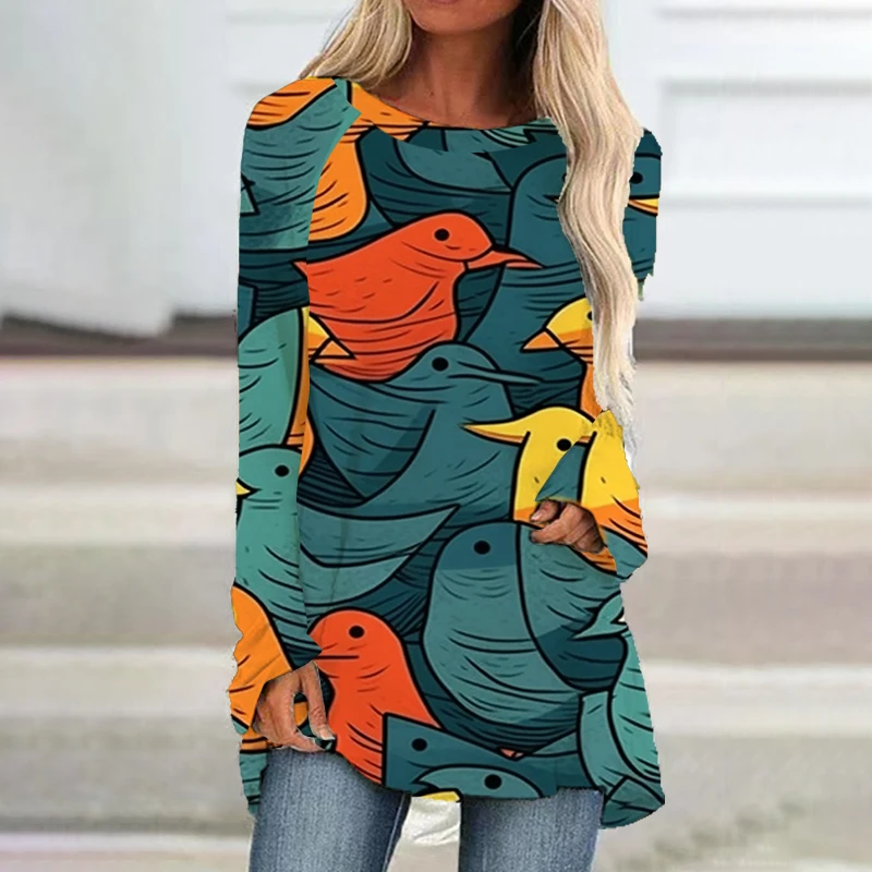 

Colorful Bird 3D Printed Dress Loose Casual Round Neck Long Sleeve Dress Spring and Autumn Party Office Dress Ladies Clothing