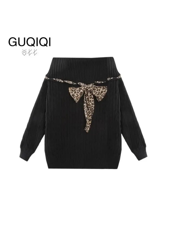 Gu Qiqi Guqi Korean Sle Lazy High-Grade Sense Леопардовый принт Свитер на шнуровке с открытыми