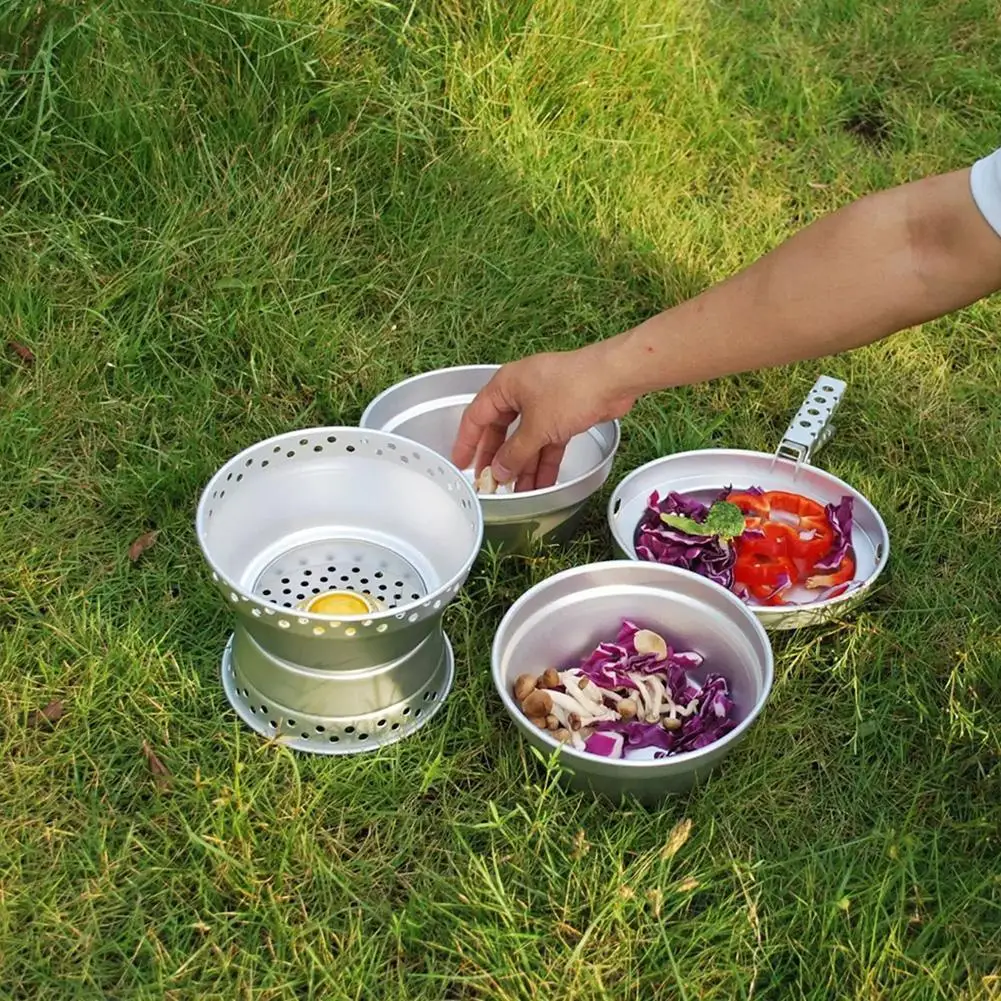 

Camping Outdoor Cookware Wind Screen Cooking System Portable Gas Burners Cooking Set Alcohol Stove With Tableware
