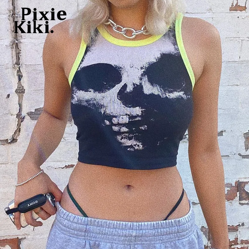 

Сексуальный кроп-топ PixieKiki Cyber Y2k с принтом черепа, женская уличная одежда, модные топы в рубчик, женская одежда в стиле панк и Готика