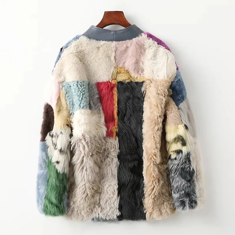 FANIECES 100% Real Lamb Fur Coat Women Winter Jacket Warm Streetwear Contrast V-Neck Fur Coat Natural Fox Fur Collar Overcoat