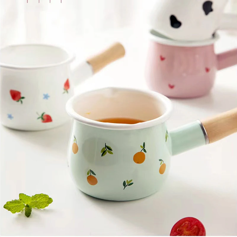 Japanese 500ml single handle Enamel Milk Pot With Wooden Stove Induction Cooke Breakfast Milk Coffee Cartoon Saucepan Cookware
